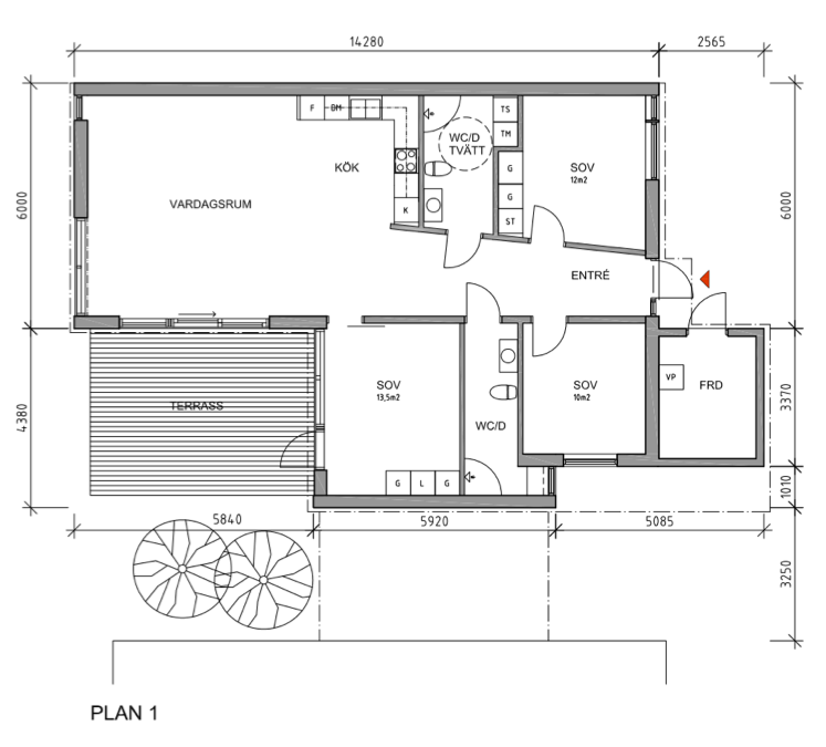 Exempel på ändring av planlösningen på 1-planshuset, så att 3 sovrum har erhållits på samma area som i "bashuset". Klicka på bilden för större format. Exempel på ändring av planlösningen på 1-planshuset, så att 3 sovrum har erhållits på samma area som i "bashuset". Klicka på bilden för större format.