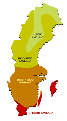 Bilden visar solinstrålningen i Sverige Bilden visar solinstrålningen i Sverige
