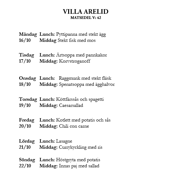 Villa Arelid Nyheter Veckomatsedel V.42 Villa Arelid Nyheter Veckomatsedel V.42