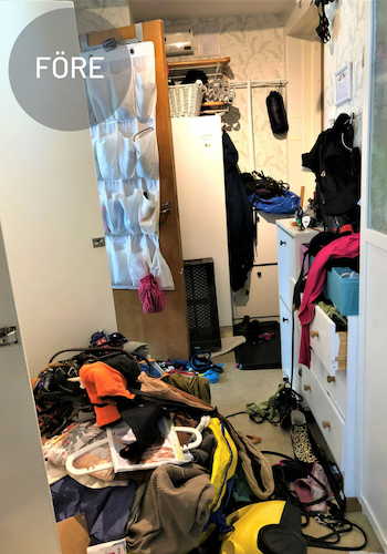 Före och efter, rensning och organisering av hall. Före och efter, rensning och organisering av hall.