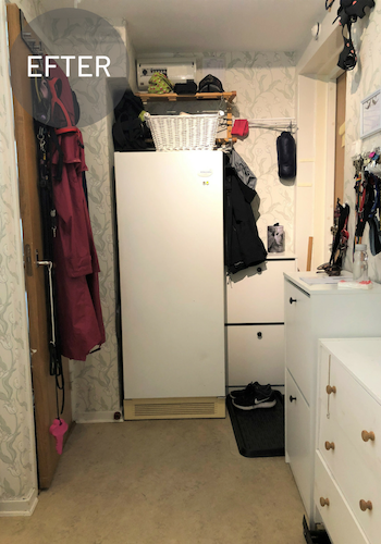 Före och efter, rensning och organisering av hall. Före och efter, rensning och organisering av hall.